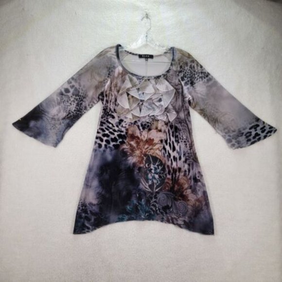 B.L.E.U. Tops - Bleu Womens Top Size S Blue Animal Print Flowy Ruffled Y2K Colorful Tunic Blouse